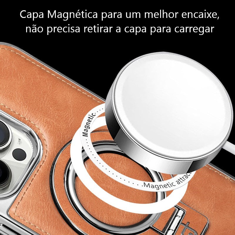 Case de Couro Luxuosa com Suporte Invisível para Celular